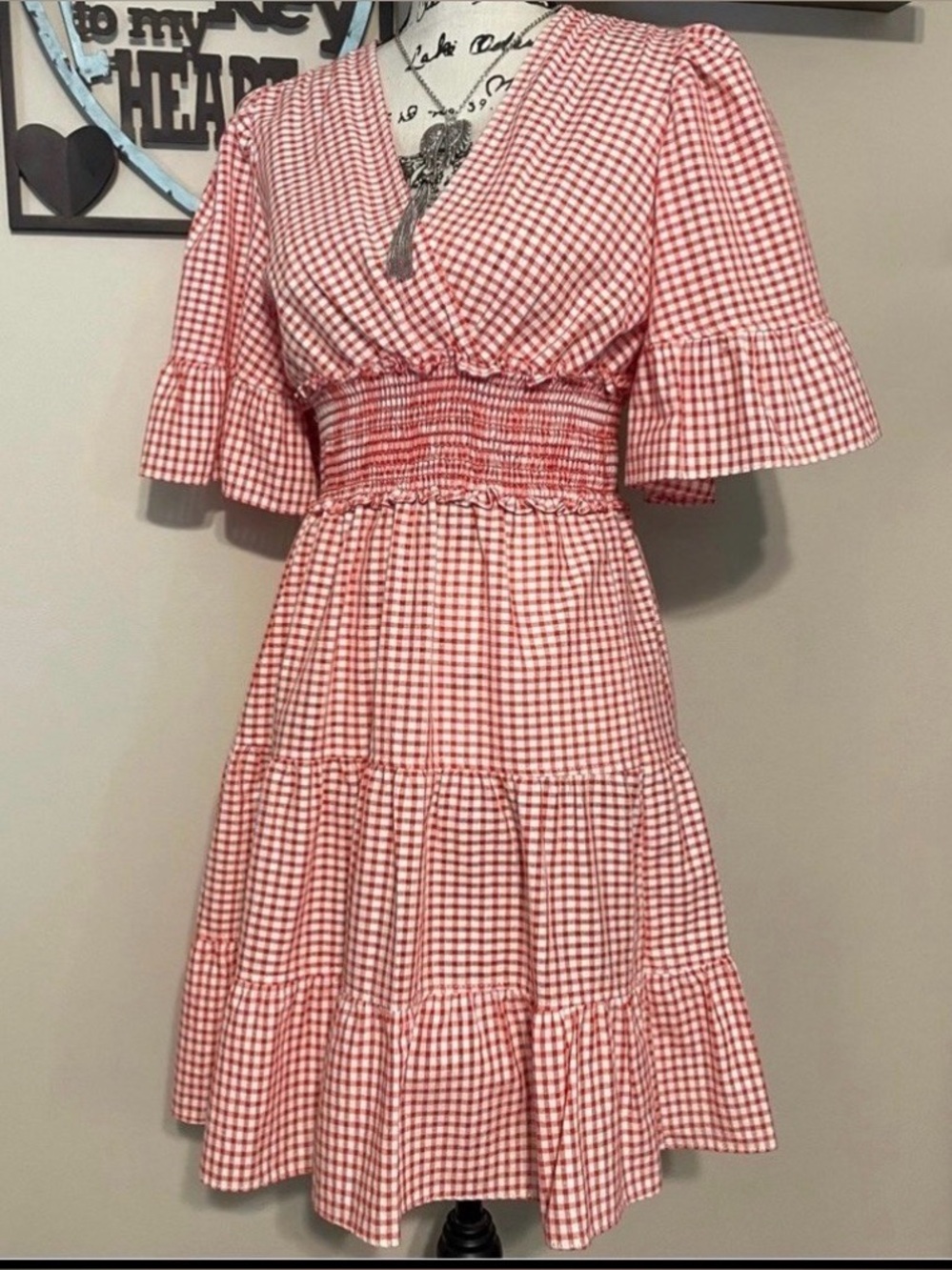 Max Studio Plaid Dress Red Gingham Smocked Waist Midi Dress